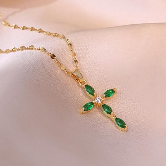 Emerald Cross Necklace | Gold