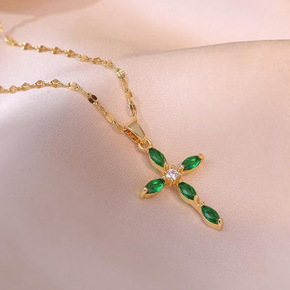 Emerald Cross Necklace | Gold