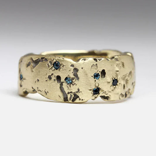 Antique Golden Forged Blue Inlaid Crystal Ring | Gold